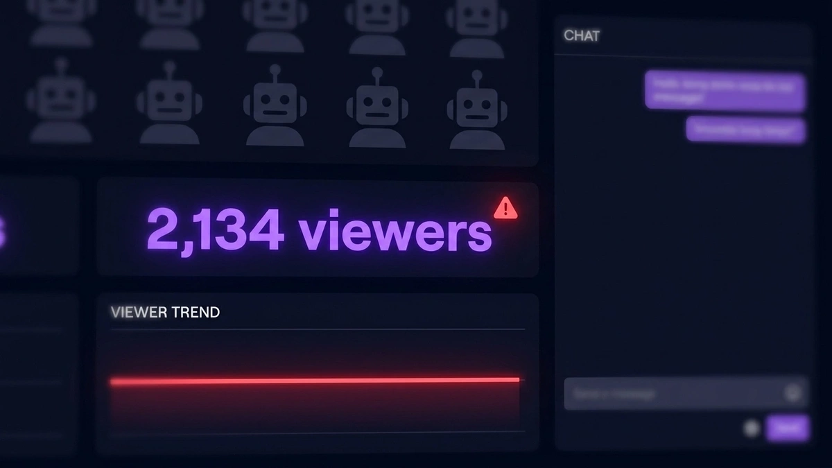 A Twitch dashboard showing a high viewer count next to an empty chat, illustrating how to tell if viewer bots are real