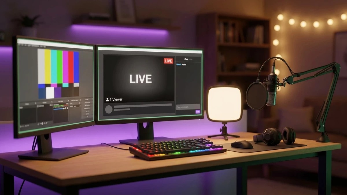 A new streamer setup with an empty Twitch chat, illustrating how to get your first viewers on Twitch and Kick